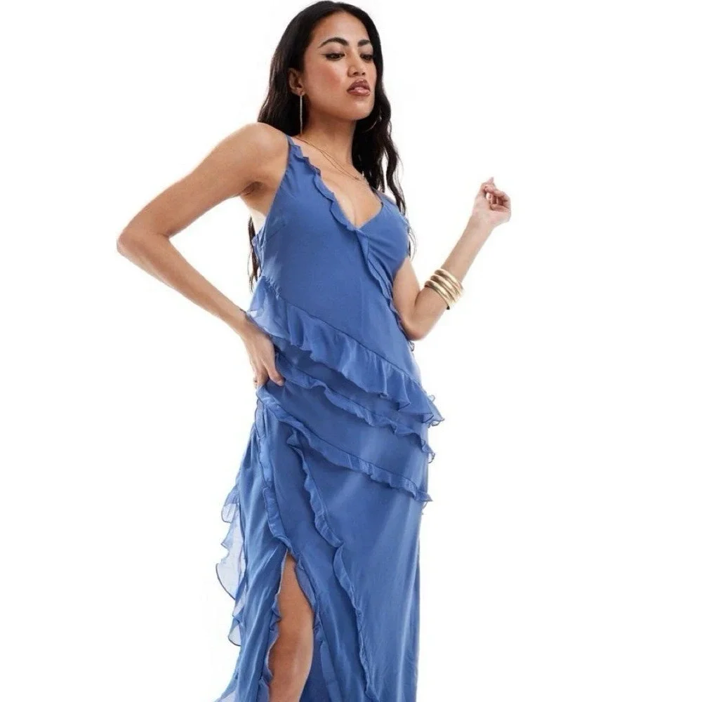 Abercrombie And Fitch Silk Maxi Dress Ruffles Blue NWT Sz S Fairy Boho Coquette